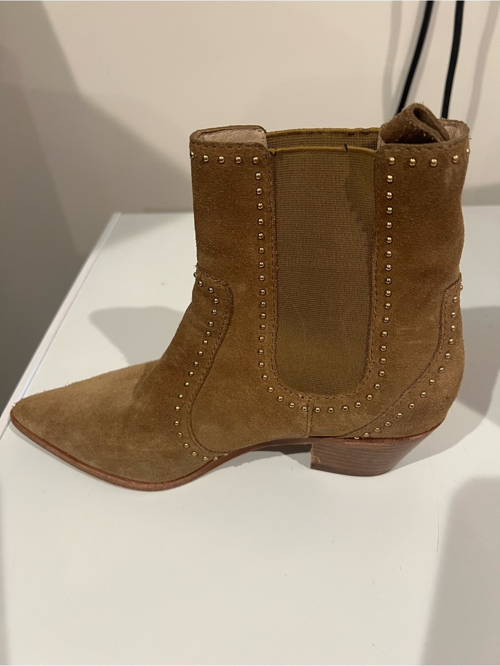 PAIGE Brown Suede Pointed-Toe Studded Ankle Booties - Picture 7 of 7